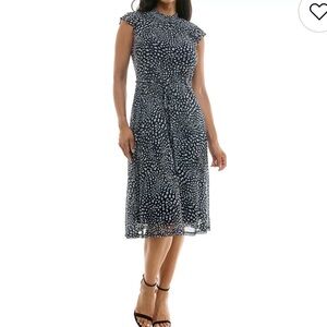 Nina Leonard Navy and White Printed Tie-Waist Midi Dress